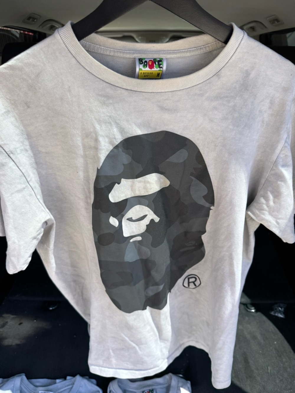 Bape Men's Light Gray Tee with Black/Grey Camo Ape Head Graphic
